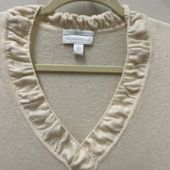 Charter Club Womens Cashmere Sweater Ivory L V-Neck Ruffle Trim  Classic Preppy - Picture 3 of 9